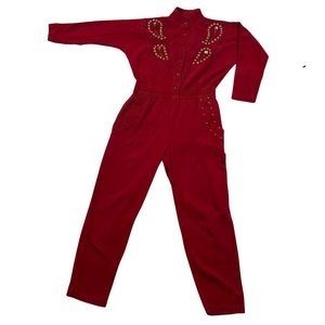 VINTAGE Elegant Red Jumpsuit with Embellishments Rio Rhinestone